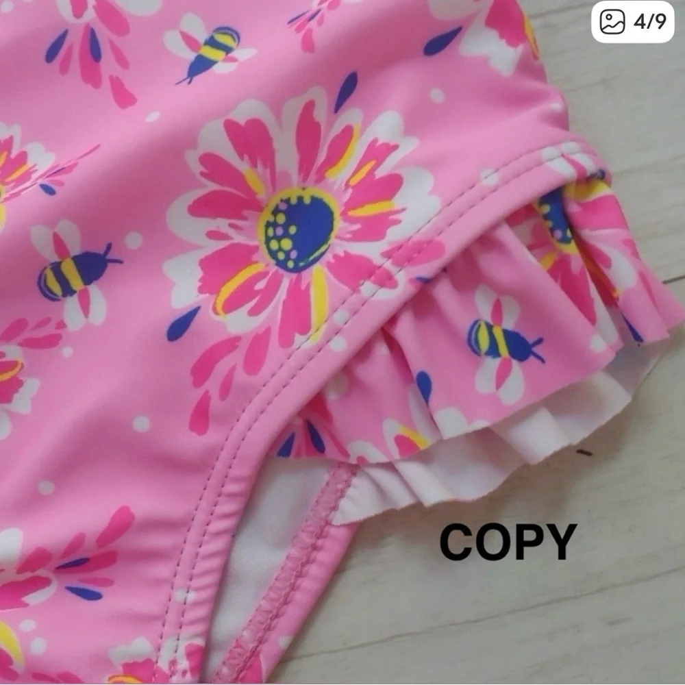 Tommy Bahama Little Girl Pink Floral & Bee One-Shoulder Swimsuit with hat size 6 - Picture 4 of 9